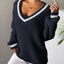 Women's College Style Women's Sweater Color Contrasting V-neck Loose Sweater - Korvel