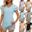 Women's European and American V-neck sweet short sleeved T-shirt hollowed out top - Korvel