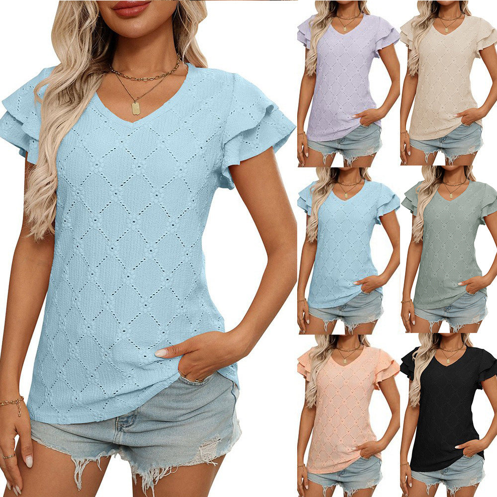 Women's European and American V-neck sweet short sleeved T-shirt hollowed out top - Korvel