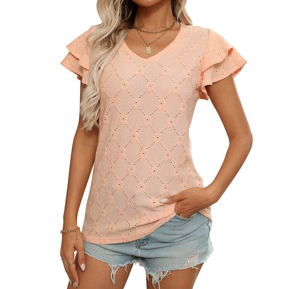 Women's European and American V-neck sweet short sleeved T-shirt hollowed out top - Korvel