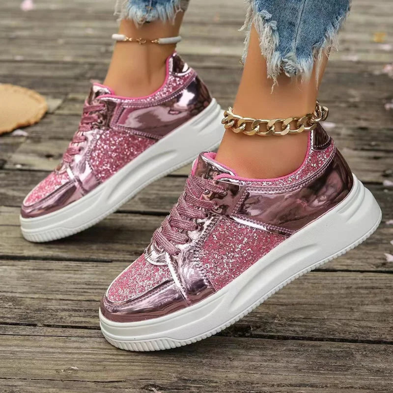Women's Gold Sequins Platform Sneakers Autumn Fashion Casual Sports Shoes Thick Bottom Vulcanized Shoes Woman Flats Heels Shoes - Korvel