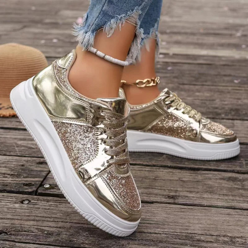 Women's Gold Sequins Platform Sneakers Autumn Fashion Casual Sports Shoes Thick Bottom Vulcanized Shoes Woman Flats Heels Shoes - Korvel