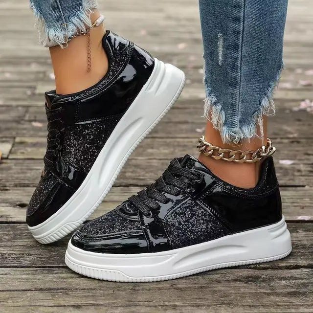 Women's Gold Sequins Platform Sneakers Autumn Fashion Casual Sports Shoes Thick Bottom Vulcanized Shoes Woman Flats Heels Shoes - Korvel