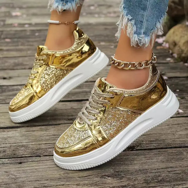 Women's Gold Sequins Platform Sneakers Autumn Fashion Casual Sports Shoes Thick Bottom Vulcanized Shoes Woman Flats Heels Shoes - Korvel
