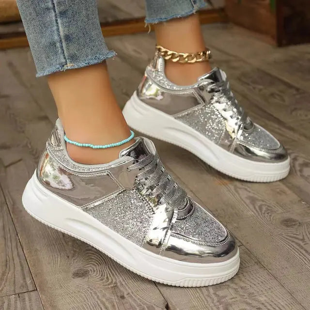 Women's Gold Sequins Platform Sneakers Autumn Fashion Casual Sports Shoes Thick Bottom Vulcanized Shoes Woman Flats Heels Shoes - Korvel