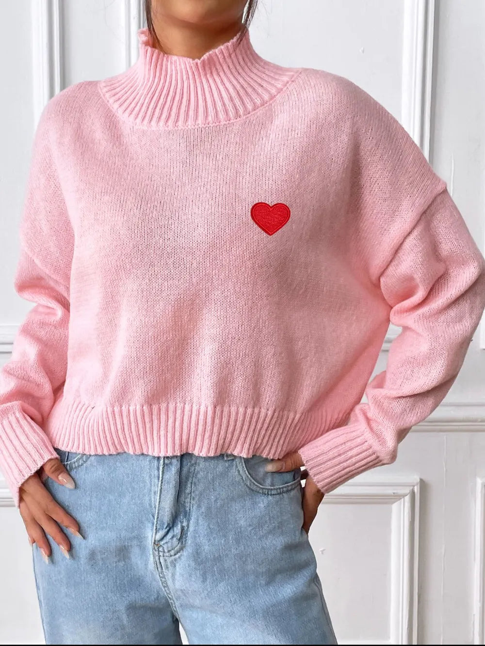Women's High Neck Pullover Sweater with Heart Sticker