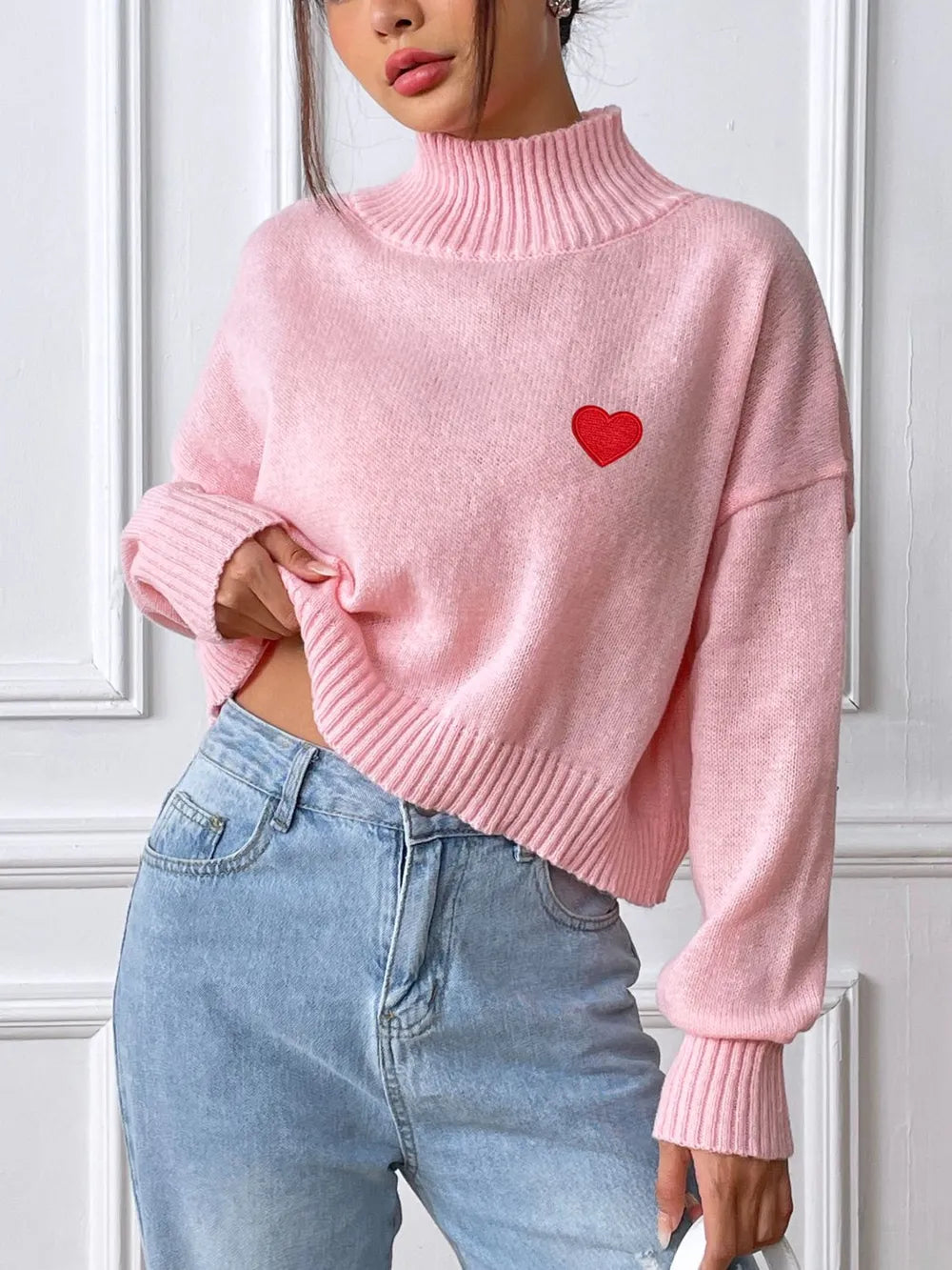 Women's High Neck Pullover Sweater with Heart Sticker