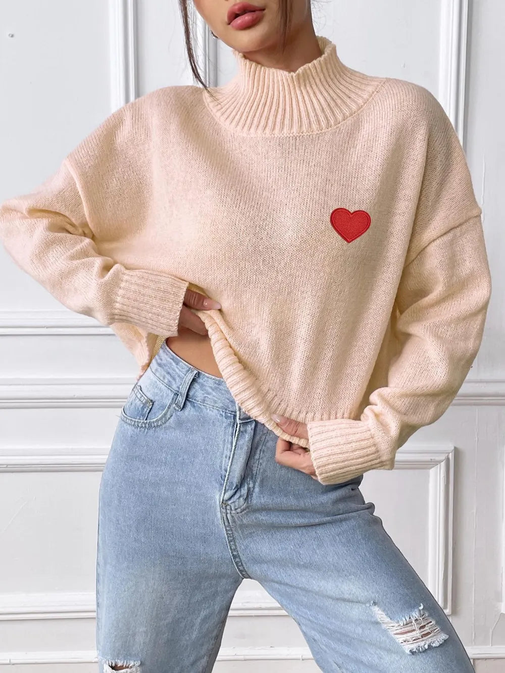 Women's High Neck Pullover Sweater with Heart Sticker