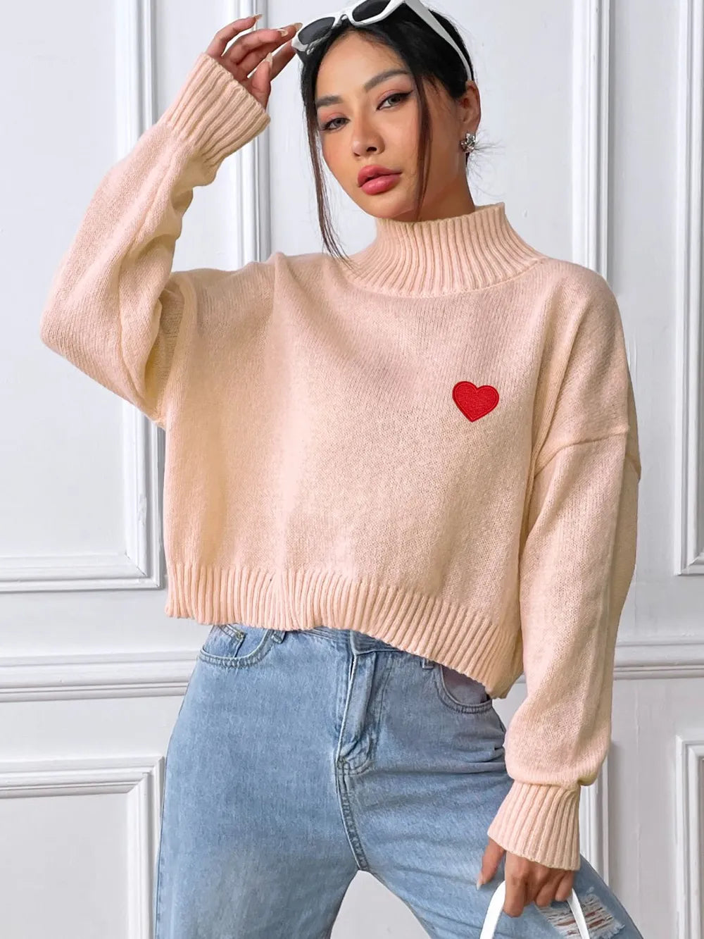 Women's High Neck Pullover Sweater with Heart Sticker