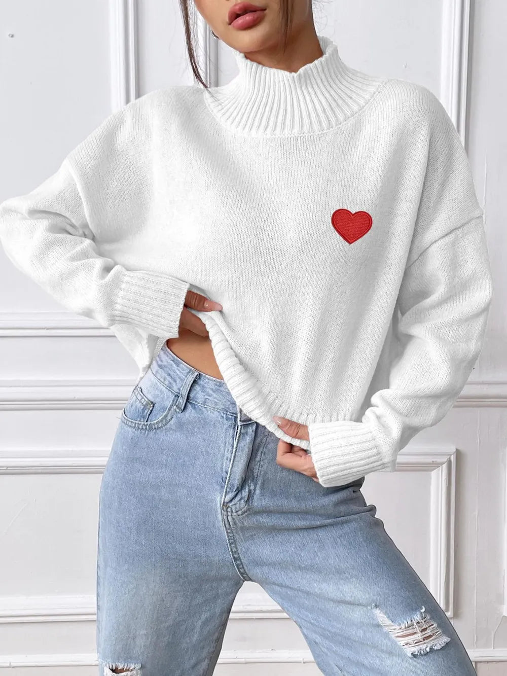Women's High Neck Pullover Sweater with Heart Sticker
