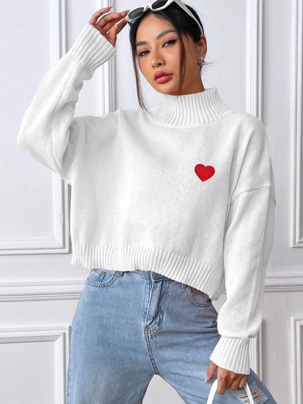 Women's High Neck Pullover Sweater with Heart Sticker