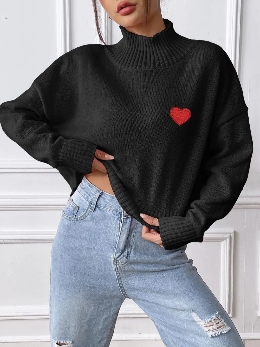 Women's High Neck Pullover Sweater with Heart Sticker