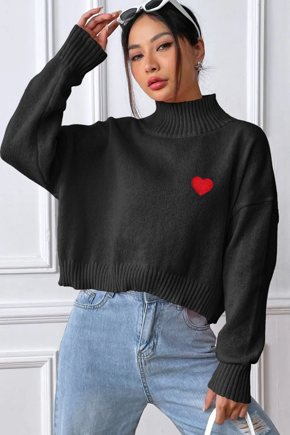 Women's High Neck Pullover Sweater with Heart Sticker
