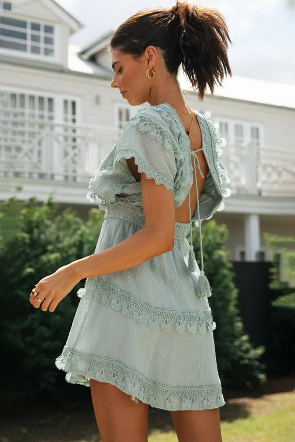 Women's lace patchwork lace up backless big swing batball sleeve dress - Korvel