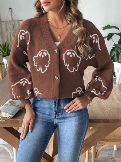 Women's loose casual button sweater cartoon jacquard cardigan for women - Korvel