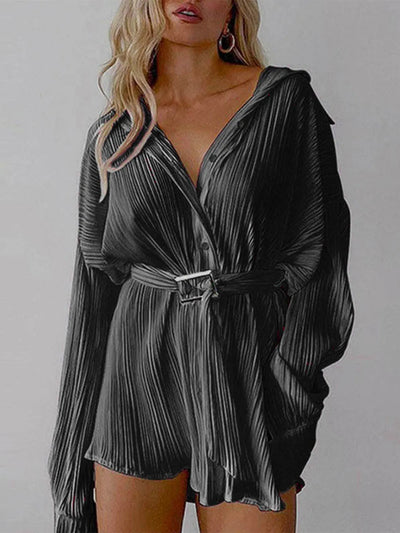 Women's new shirt collar fashionable women's elastic waist pleated long sleeved lace up dress - Korvel