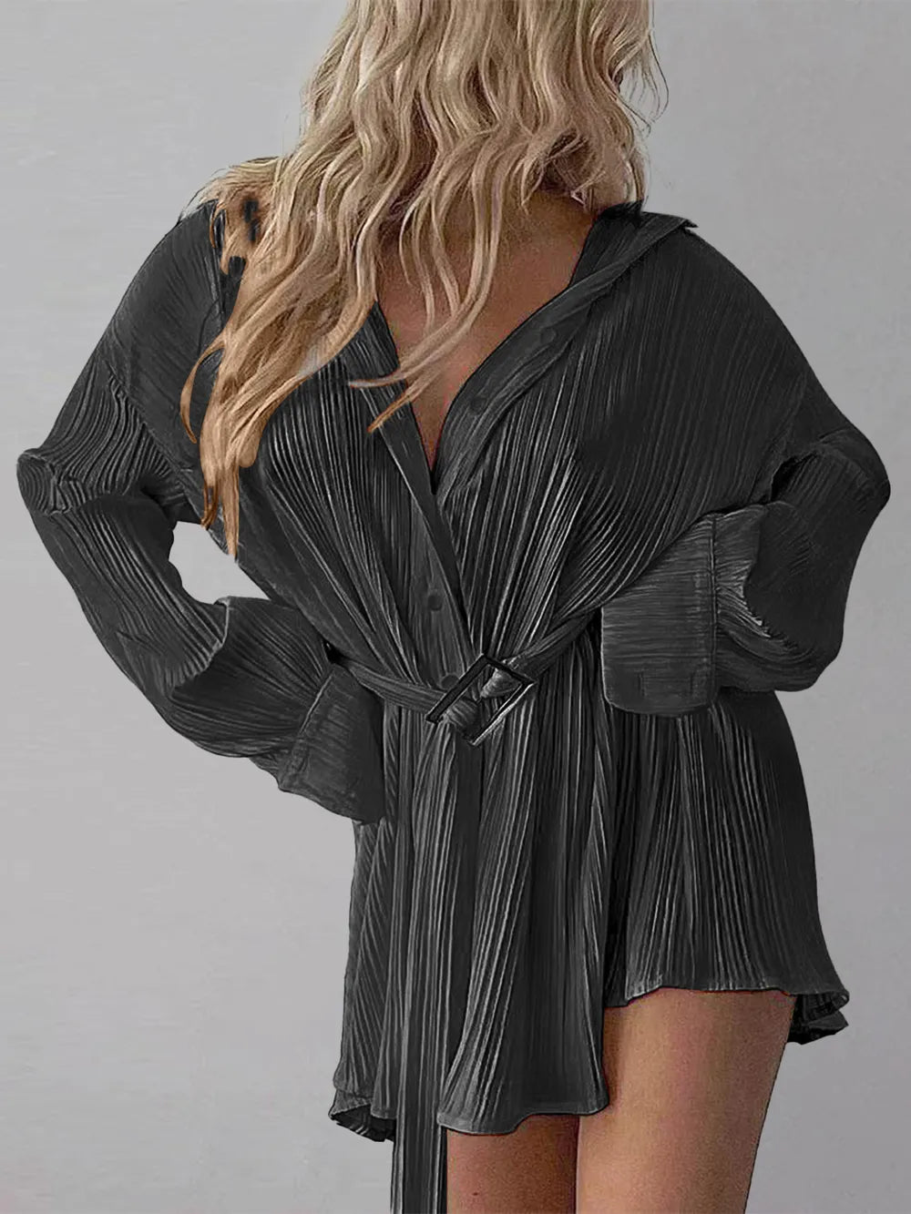 Women's new shirt collar fashionable women's elastic waist pleated long sleeved lace up dress - Korvel