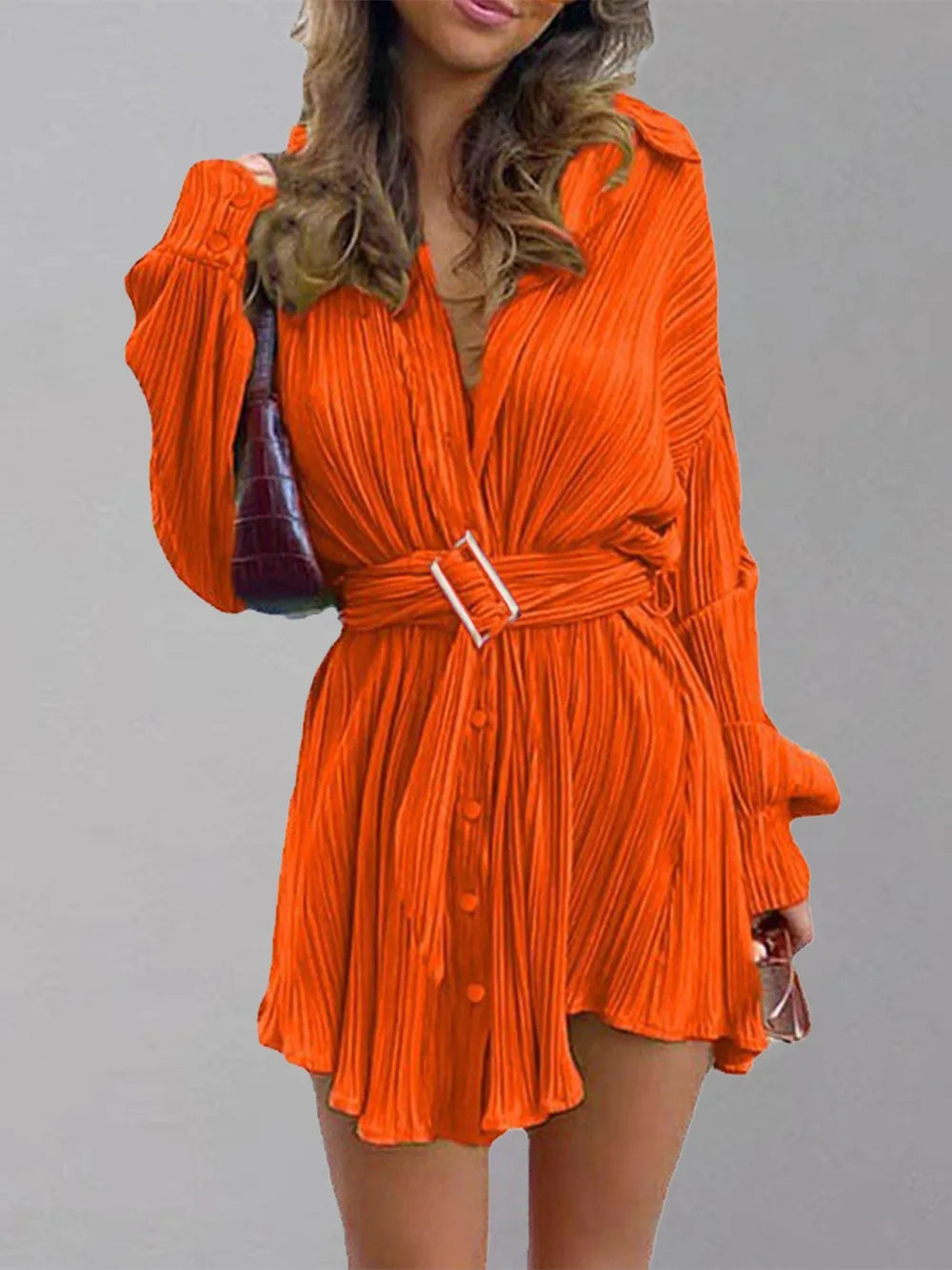 Women's new shirt collar fashionable women's elastic waist pleated long sleeved lace up dress - Korvel