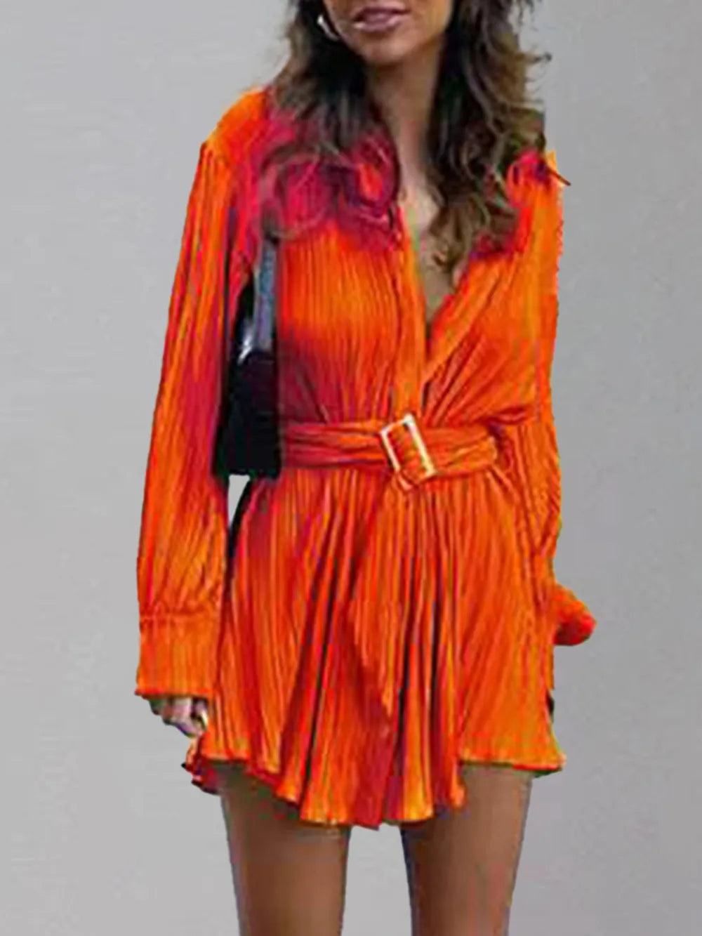 Women's new shirt collar fashionable women's elastic waist pleated long sleeved lace up dress - Korvel