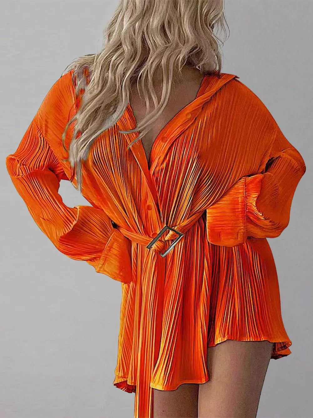 Women's new shirt collar fashionable women's elastic waist pleated long sleeved lace up dress - Korvel