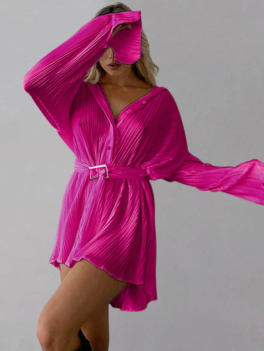 Women's new shirt collar fashionable women's elastic waist pleated long sleeved lace up dress - Korvel