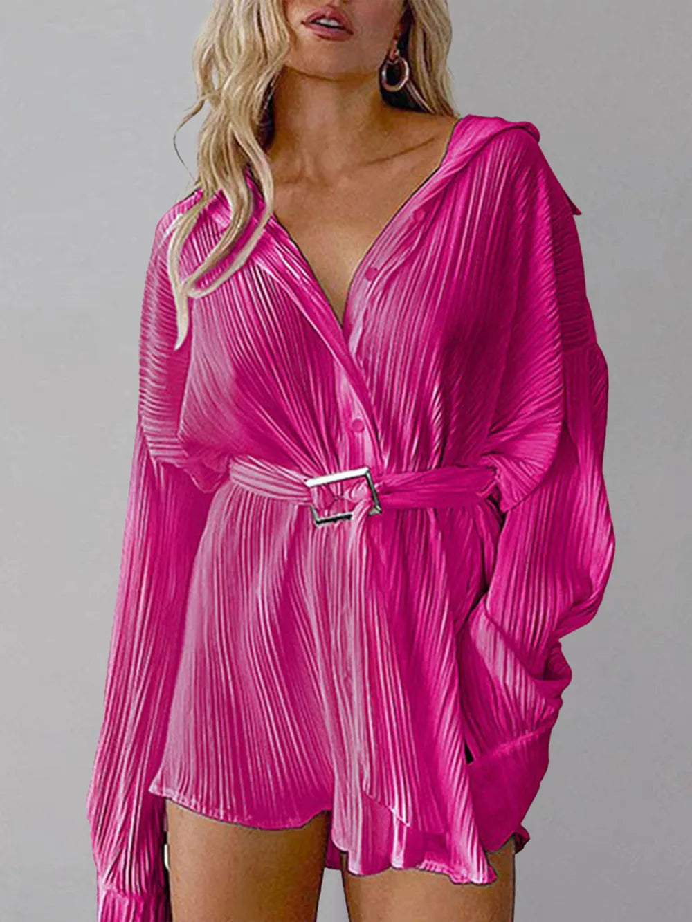 Women's new shirt collar fashionable women's elastic waist pleated long sleeved lace up dress - Korvel