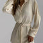 Women's new shirt collar fashionable women's elastic waist pleated long sleeved lace up dress - Korvel