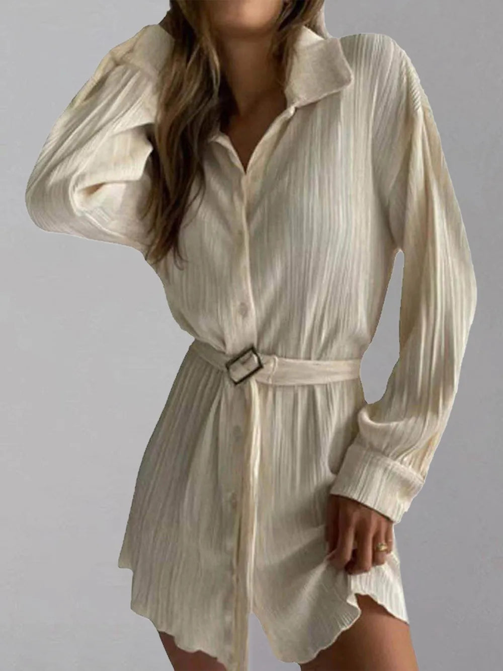 Women's new shirt collar fashionable women's elastic waist pleated long sleeved lace up dress - Korvel