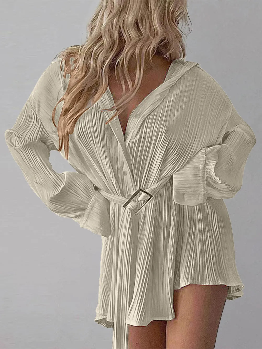 Women's new shirt collar fashionable women's elastic waist pleated long sleeved lace up dress - Korvel