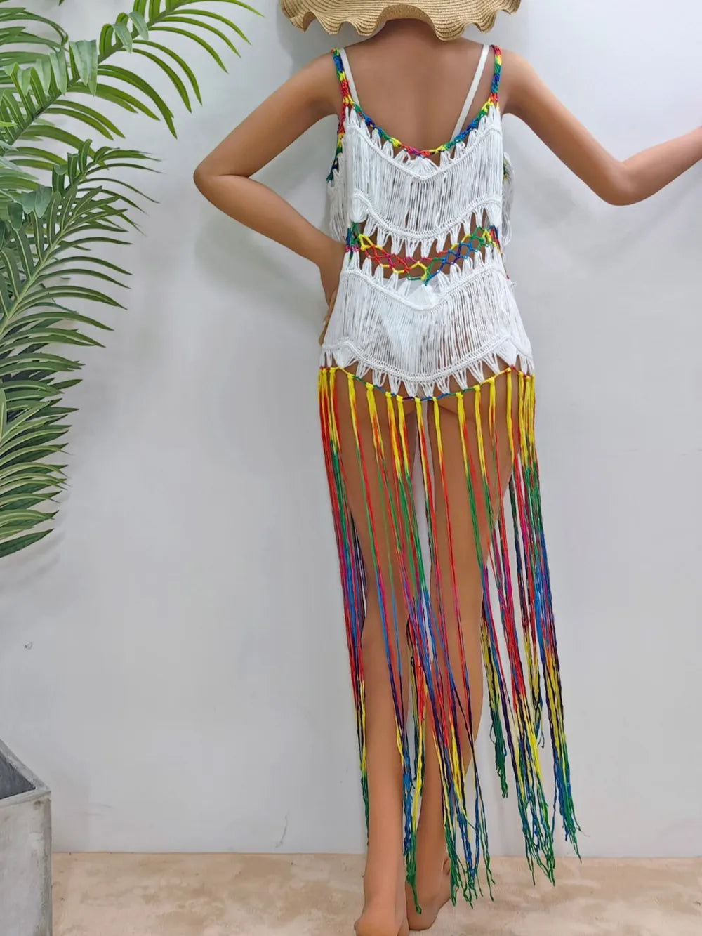 Women's pure hand crochet dyed tassel skirt with random gradient camisole skirt - Korvel