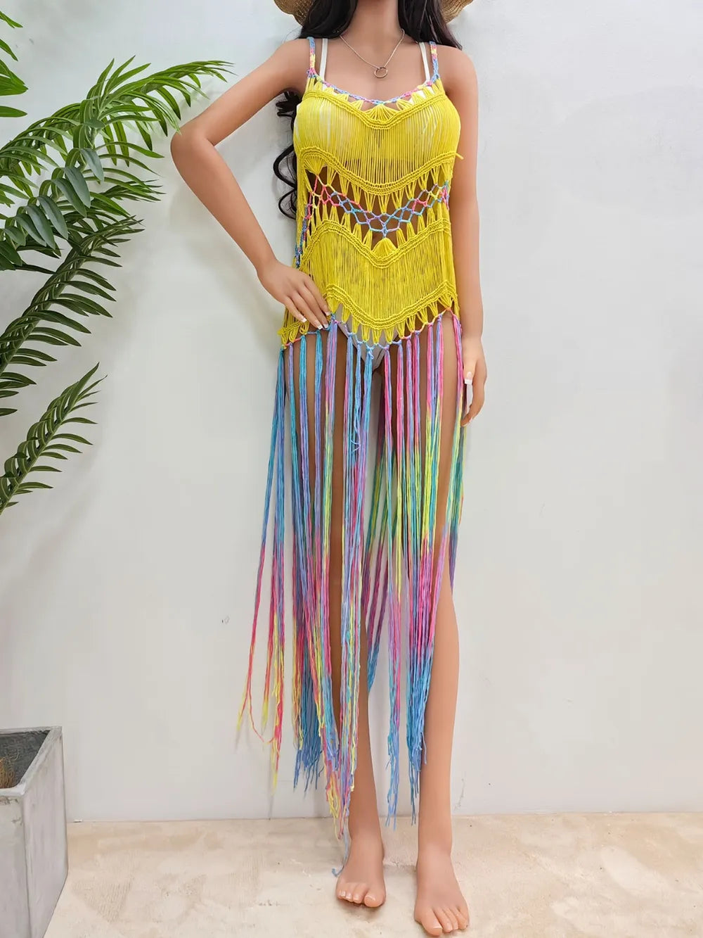 Women's pure hand crochet dyed tassel skirt with random gradient camisole skirt - Korvel