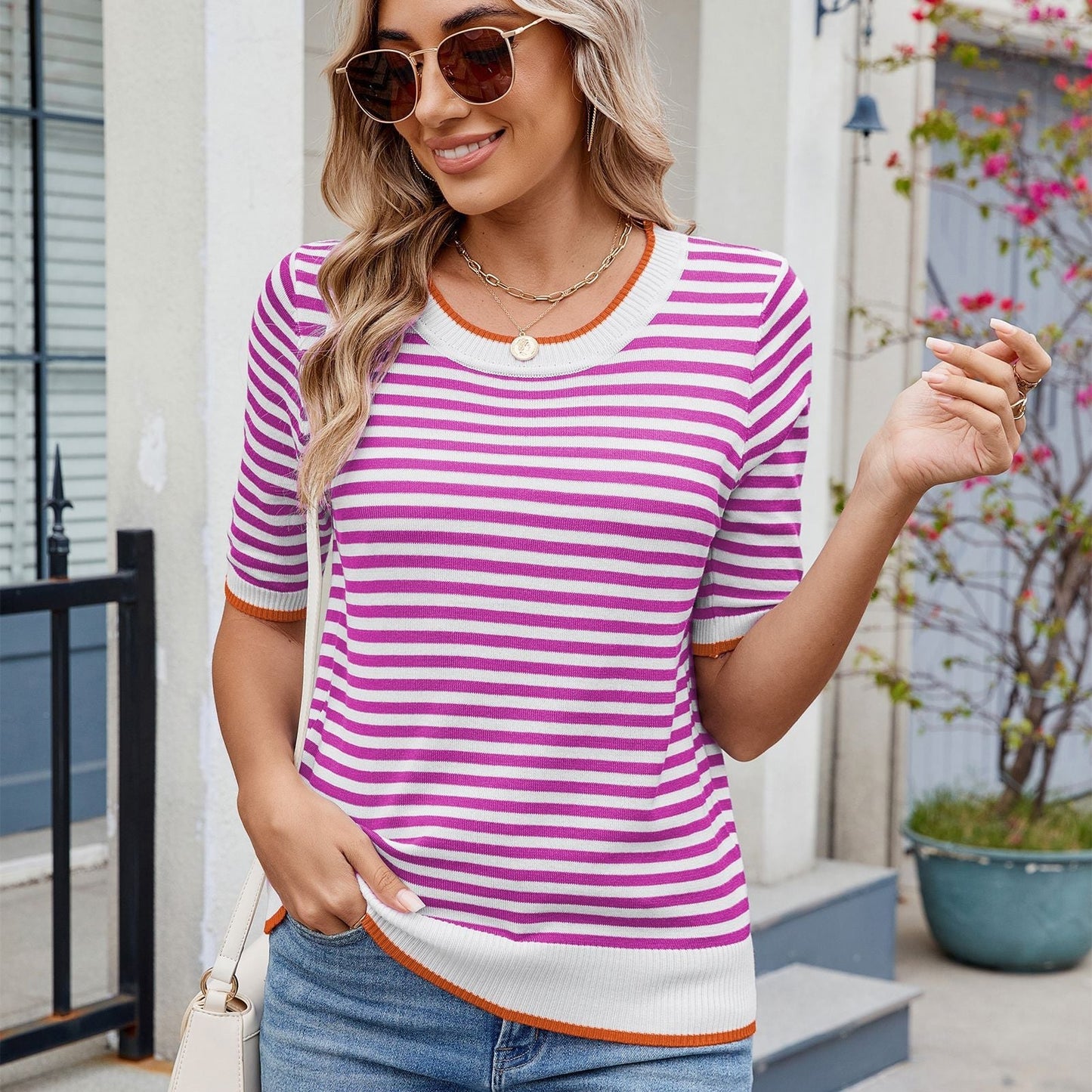 T-shirt à manches courtes rayé pour femmes