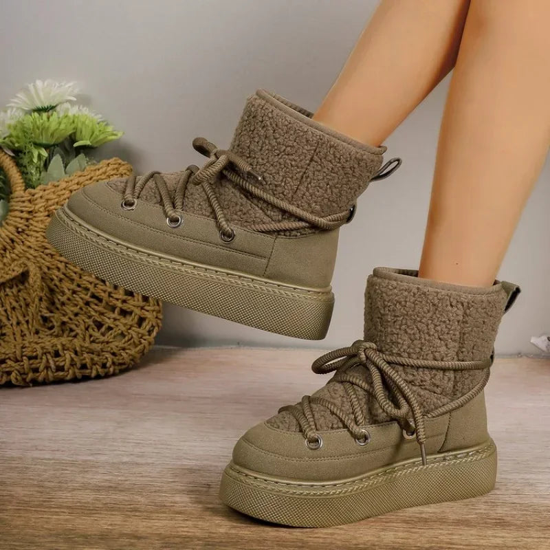 Women's Thick-soled Cross-strap Snow Boots Women Winter Round Toe Flock Plush Warm Mid Heel Water Proof Casual Warm Snow Boots - Korvel