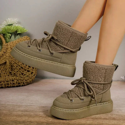 Women's Thick-soled Cross-strap Snow Boots Women Winter Round Toe Flock Plush Warm Mid Heel Water Proof Casual Warm Snow Boots - Korvel