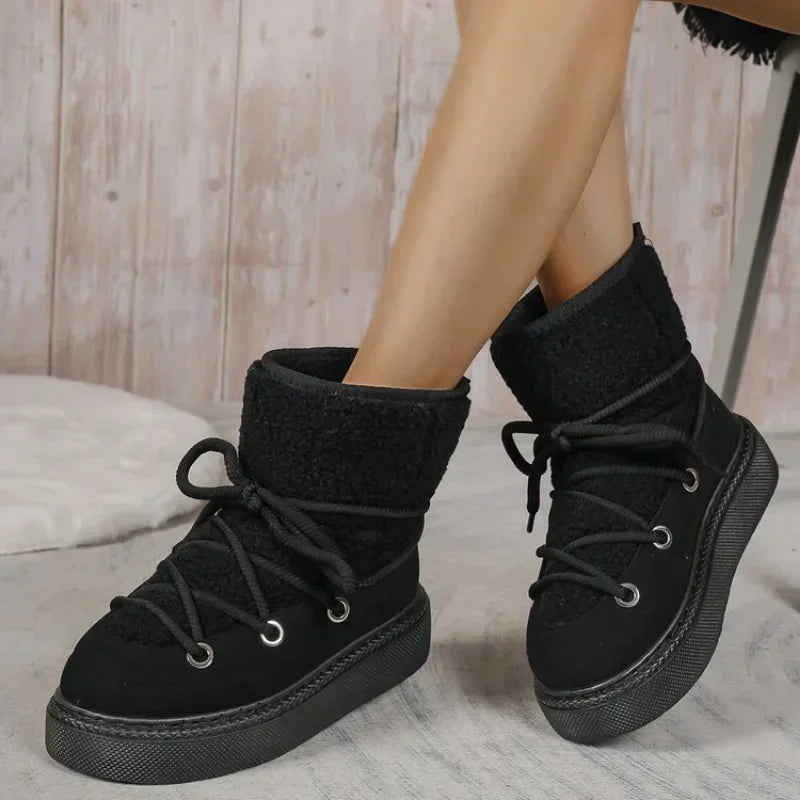 Women's Thick-soled Cross-strap Snow Boots Women Winter Round Toe Flock Plush Warm Mid Heel Water Proof Casual Warm Snow Boots - Korvel