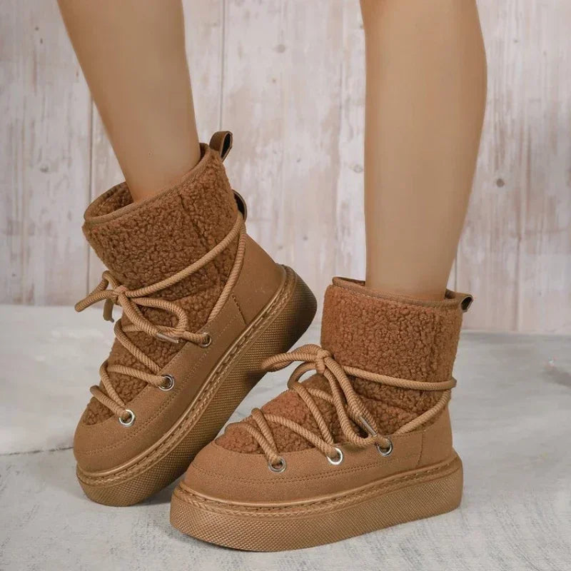 Women's Thick-soled Cross-strap Snow Boots Women Winter Round Toe Flock Plush Warm Mid Heel Water Proof Casual Warm Snow Boots - Korvel