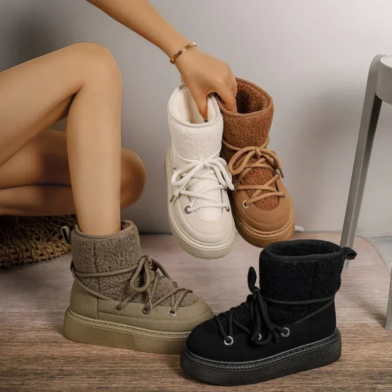 Women's Thick-soled Cross-strap Snow Boots Women Winter Round Toe Flock Plush Warm Mid Heel Water Proof Casual Warm Snow Boots - Korvel