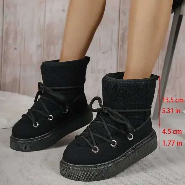 Women's Thick-soled Cross-strap Snow Boots Women Winter Round Toe Flock Plush Warm Mid Heel Water Proof Casual Warm Snow Boots - Korvel
