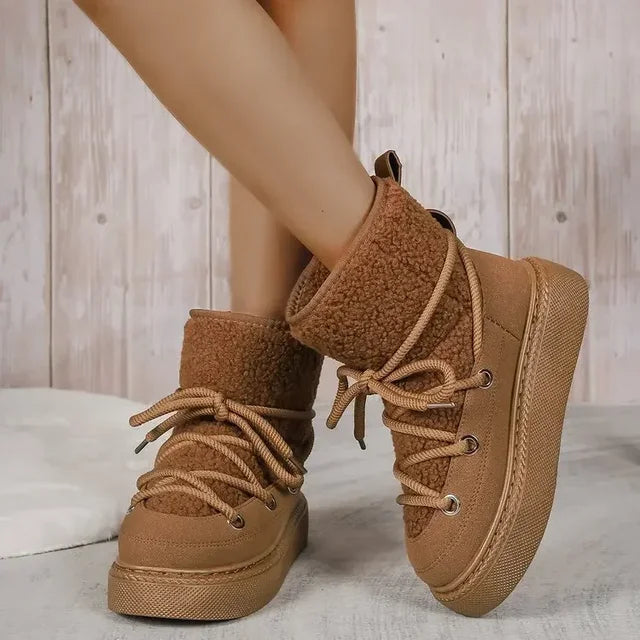 Women's Thick-soled Cross-strap Snow Boots Women Winter Round Toe Flock Plush Warm Mid Heel Water Proof Casual Warm Snow Boots - Korvel
