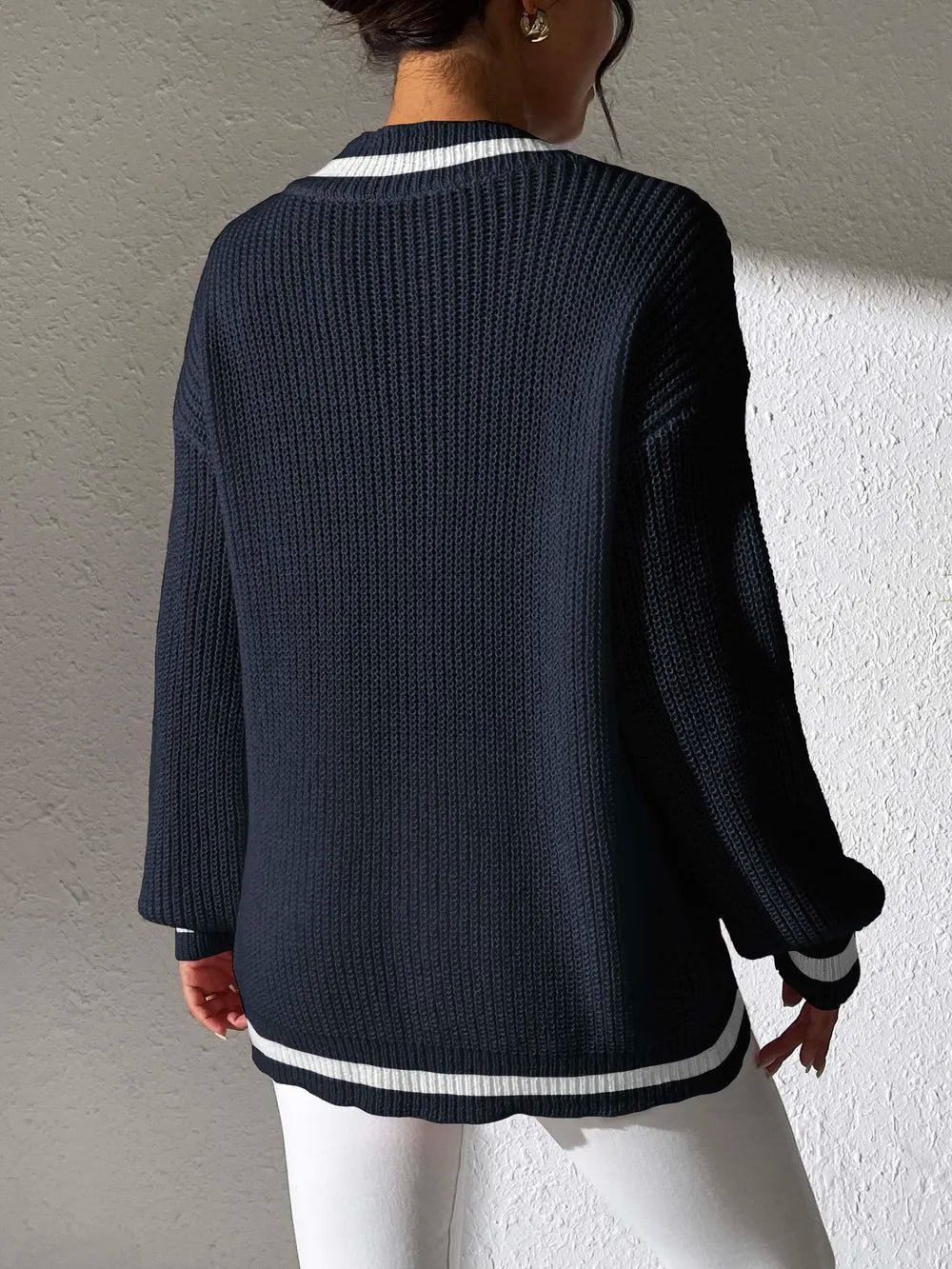 Women's Color Contrast V-neck Long Sleeve Sweater
