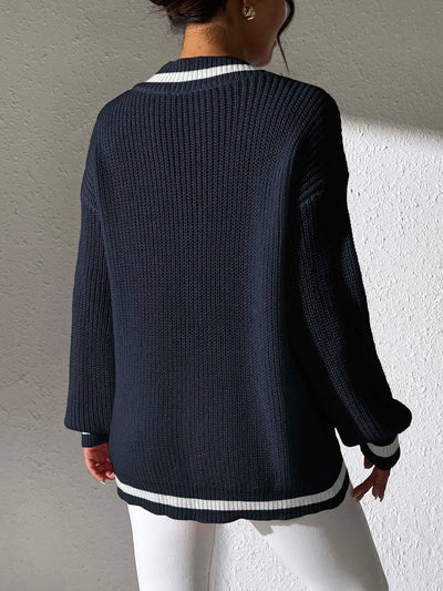 Women's Color Contrast V-neck Long Sleeve Sweater
