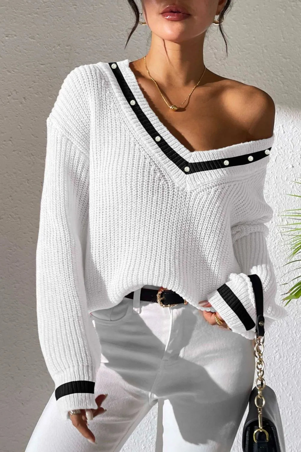 Women's Top Color Contrast Splicing V-neck Long Sleeve Sweater - Korvel