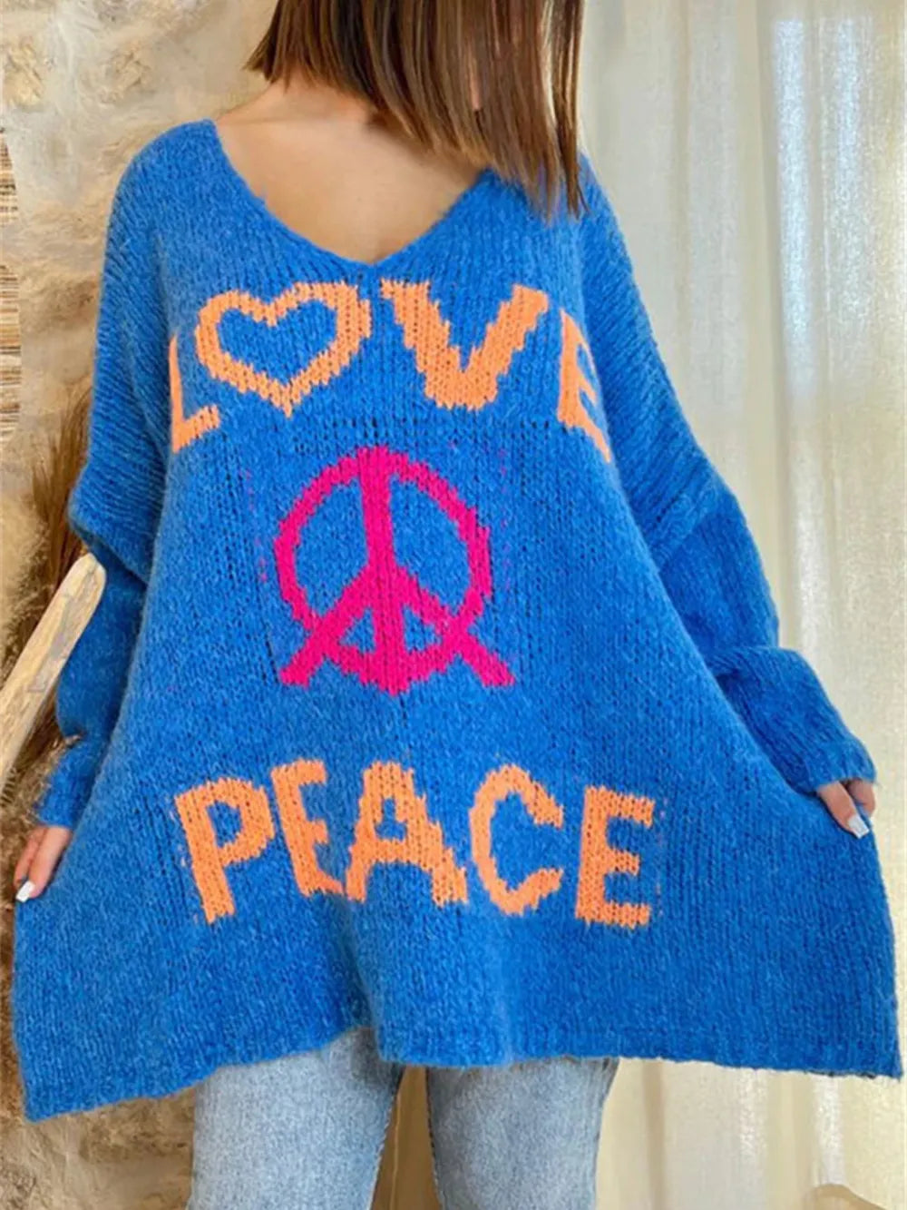 Women's V-neck letter loose and lazy knitted sweater - Korvel