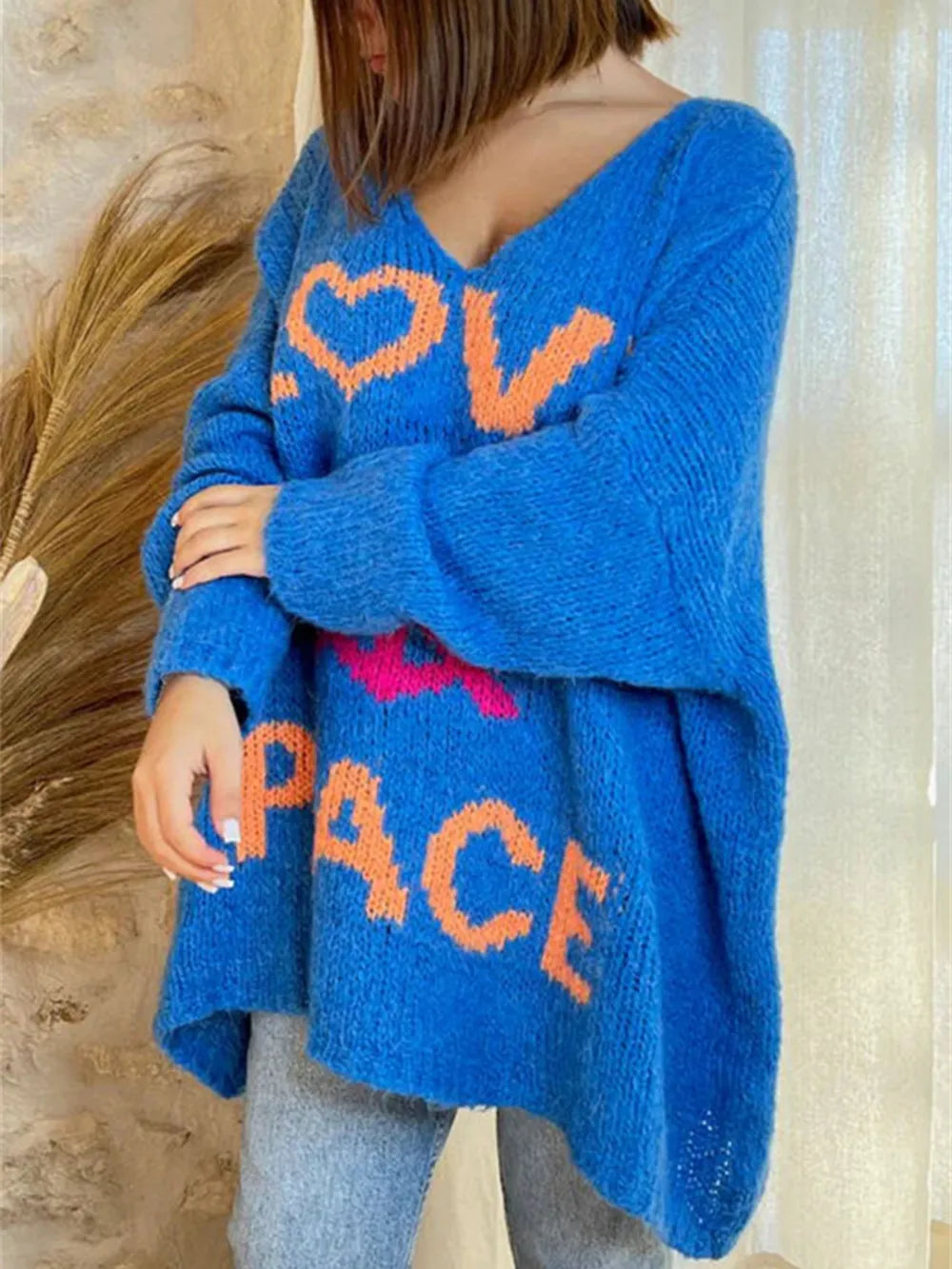 Women's V-neck letter loose and lazy knitted sweater - Korvel