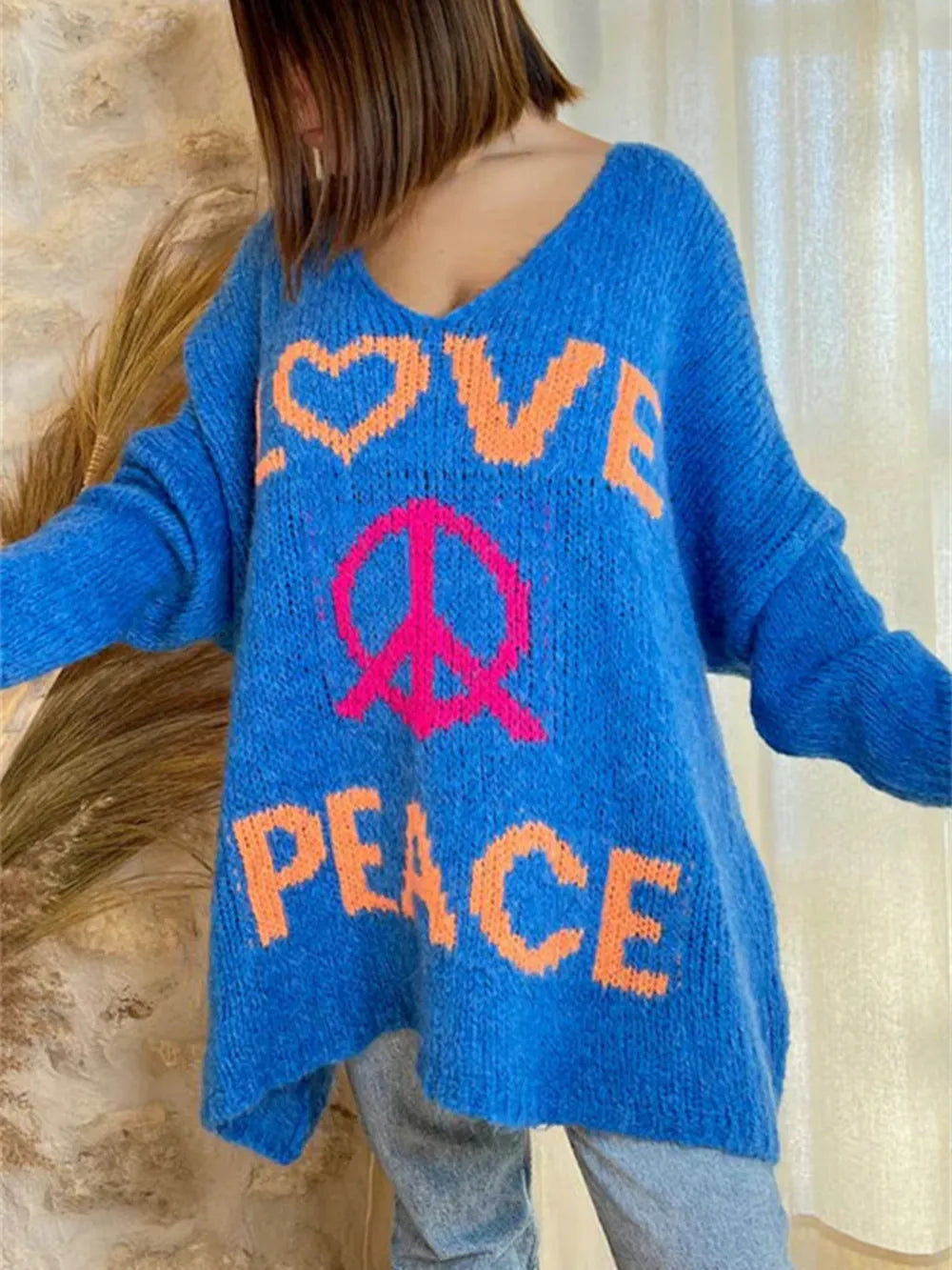 Women's V-neck letter loose and lazy knitted sweater - Korvel