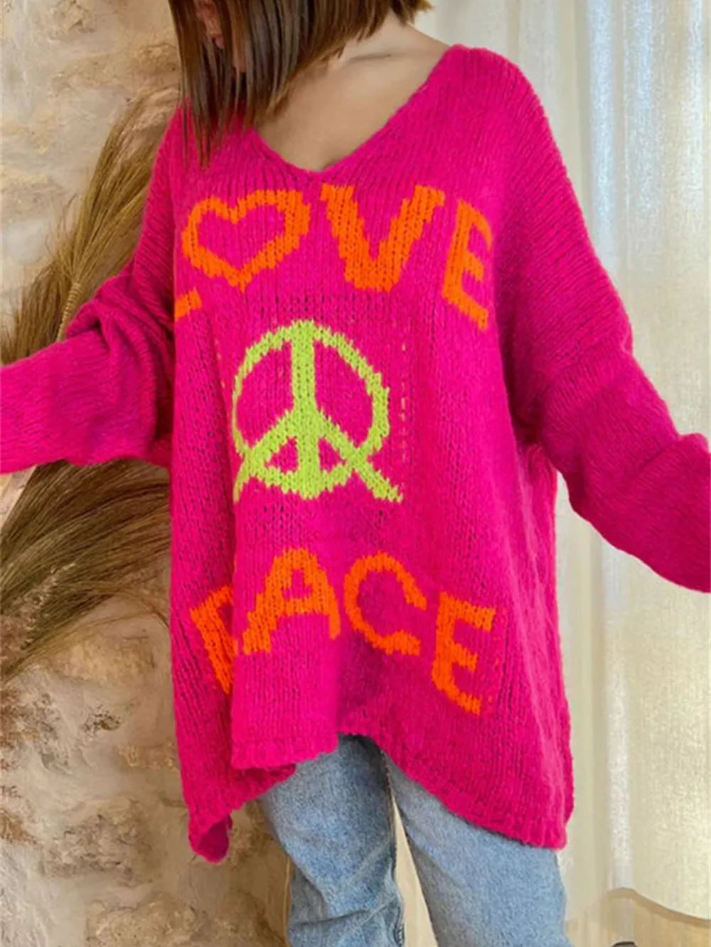 Women's V-neck letter loose and lazy knitted sweater - Korvel
