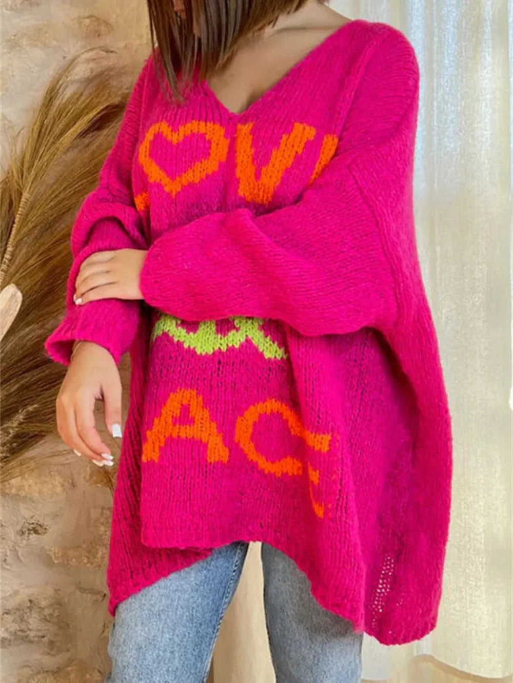 Women's V-neck letter loose and lazy knitted sweater - Korvel