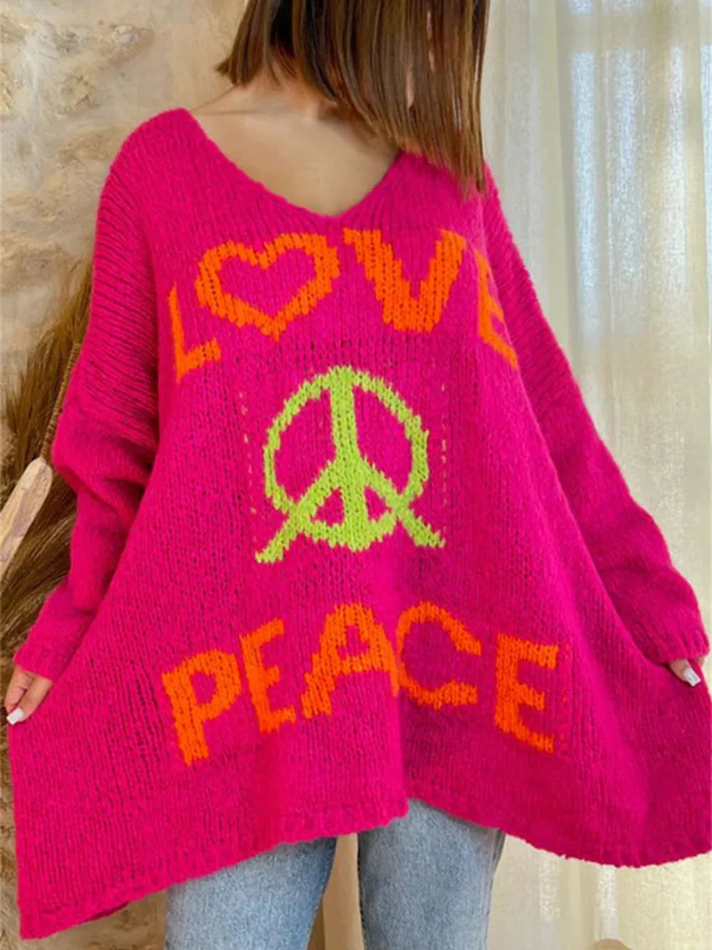Women's V-neck letter loose and lazy knitted sweater - Korvel