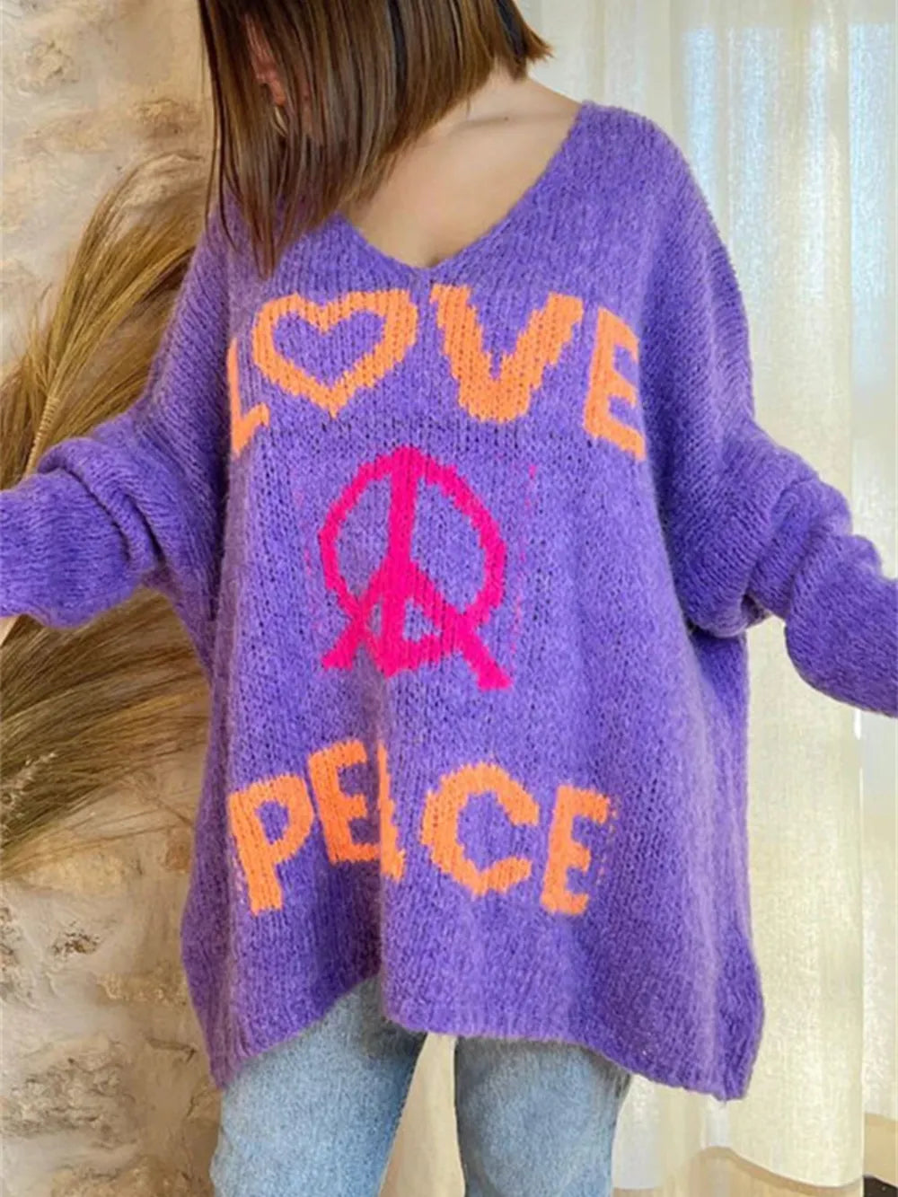 Women's V-neck letter loose and lazy knitted sweater - Korvel