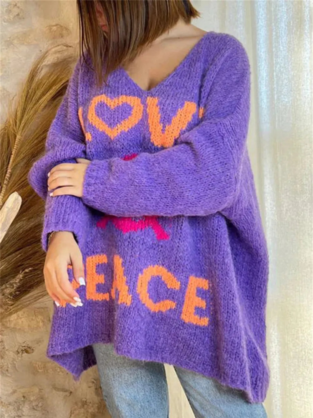 Women's V-neck letter loose and lazy knitted sweater - Korvel